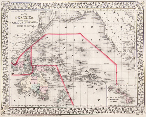 Hawiian Islands Sandwich Islands antique map 1872